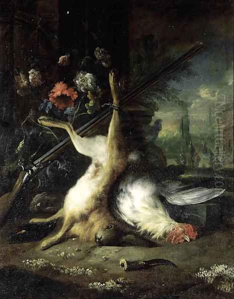 A dead hare hanging from a shotgun with a dead hen, in a classical garden Oil Painting by Jan Baptist Weenix