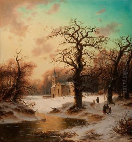 Winterlandschaft Mit Knorrigen 
Eichenbaumen Vor Einer Kirche In Der Waldlichtung Und Figurenstaffage Oil Painting by Ludwig Scheins