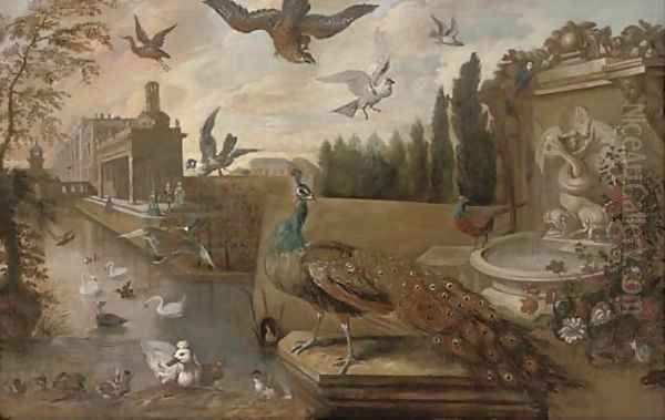 A landscaped garden with a peacock by a fountain with ducks Oil Painting by Jan Weenix