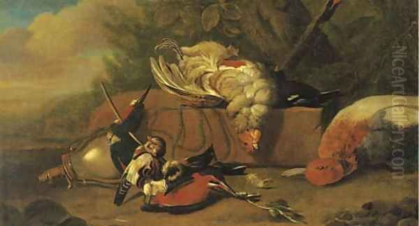 Dead game birds near a powder flask in a wooded clearing Oil Painting by Jan Weenix