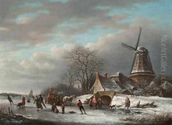 Skaters On A Dutch Waterway By A Windmill Oil Painting by Andreas Schelfhout