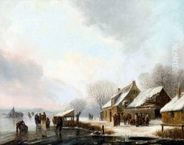 Ijsvermaak En Figuren Bij Een Boerderij Oil Painting by Andreas Schelfhout