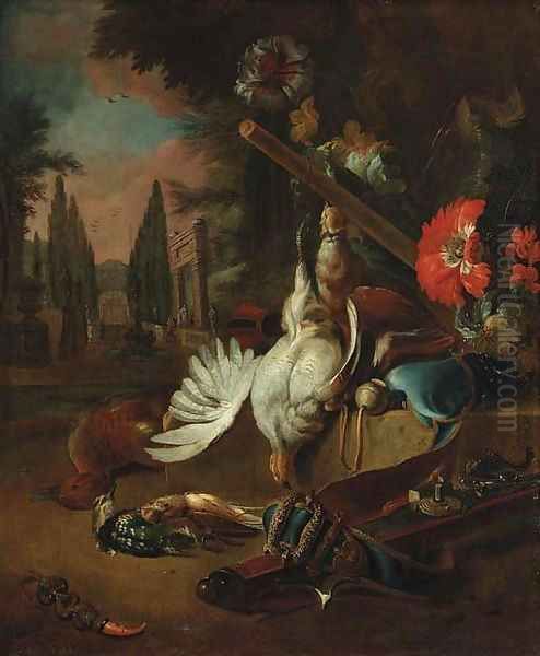 Dead game, a rifle, a blue velvet hunting pouch, with flowers in a park, a fountain beyond Oil Painting by Jan Weenix