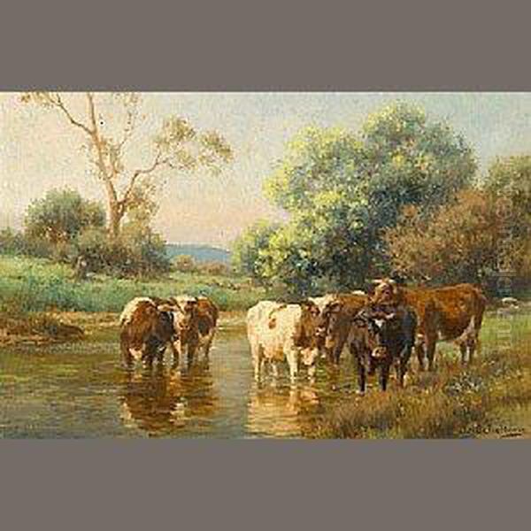 Cows Watering In A Stream Oil Painting by Jan Hendrik Scheltema