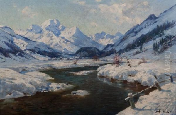 Snowy River Scene Oil Painting by Jacques Matthias Schenker