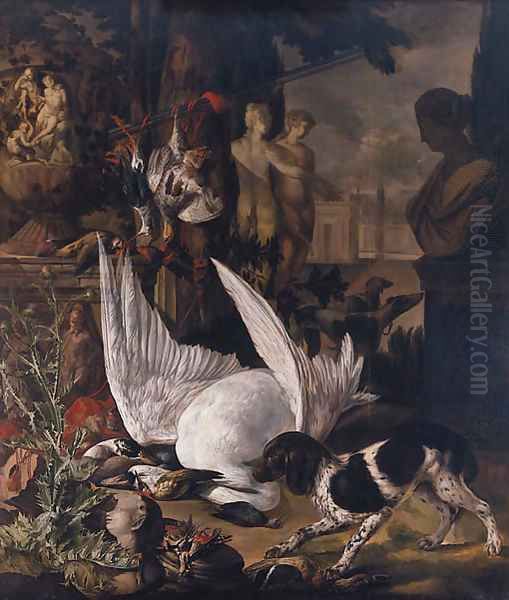 A spaniel guarding dead birds amongst garden statuary in a park landscape Oil Painting by Jan Weenix