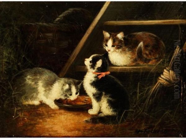 Drei Katzen Im Heustadel An Einer Leiter Oil Painting by Otto Scheuerer