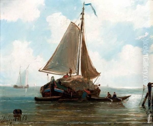 Hooischuit Op Kalm Water Oil Painting by Petrus Paulus Schiedges