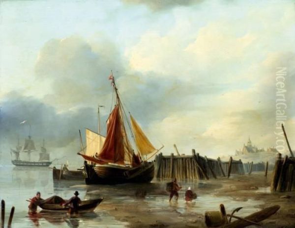 Vissers En Boten In Getijdenhaven, Op De Achtergrond Een Dorp In Het Duin Oil Painting by Petrus Paulus Schiedges