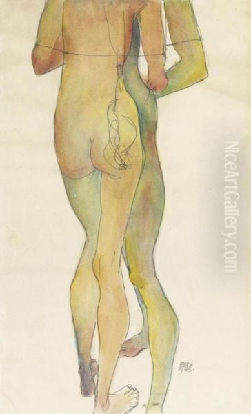 Zwei Stehende Akte S Oil Painting by Egon Schiele