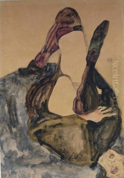 Frau Mit Erhobenem Bein Und Lila Strumpfen Oil Painting by Egon Schiele