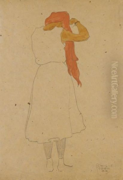 Stehende, Sich Die Langen Roten 
Haare Kammend, In Ruckenansicht (standing Woman Combing Her Long Red 
Hair, Back View) Oil Painting by Egon Schiele