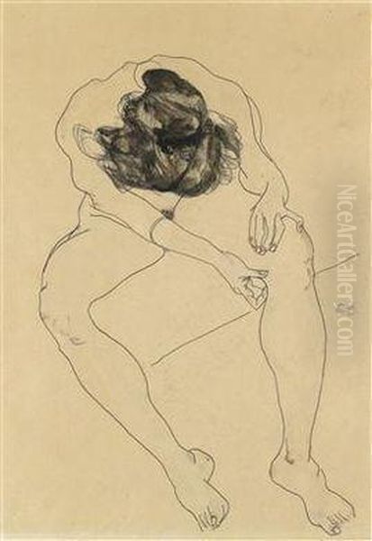 Seated Female Nude Seen From Above Oil Painting by Egon Schiele