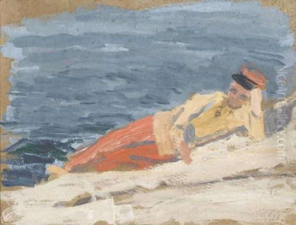 Liegender Mann Am Strand Oil Painting by Ernst Traugott Schiess