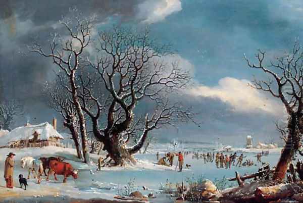 Skaters in a winter landscape Oil Painting by Johannes Pieter Van Wisselingh