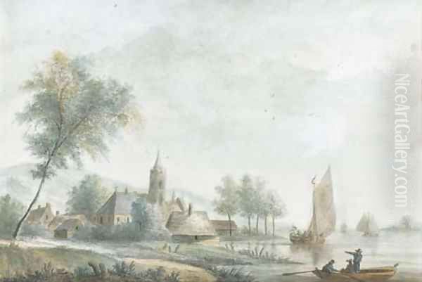 An extensive landscape with a church on the banks of a broad river Oil Painting by Nicolaes Wicart