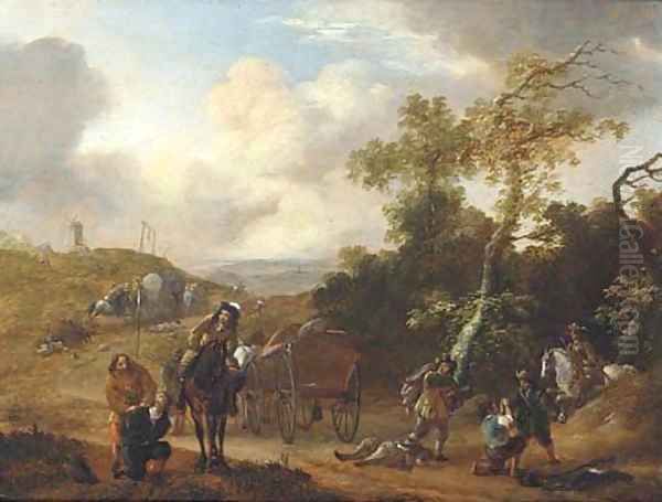 A wooded landscape with travellers ambushed on a country road Oil Painting by Thomas Wijck