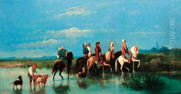 Travelling arab horsemen by Henri Van Wijk