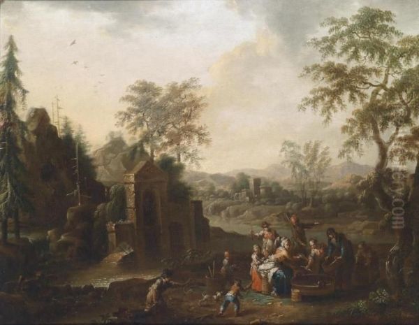 Two Southern Landscapes With Peasants Oil Painting by Maximilian Joseph Schinnagl