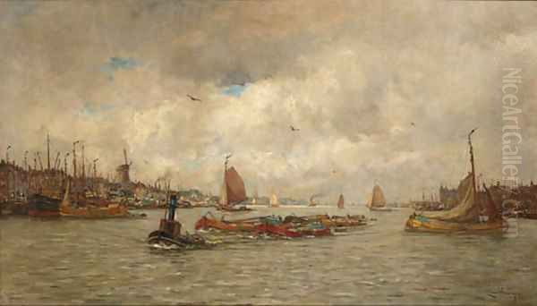 Shipping in the harbour, Rotterdam Oil Painting by Kees Van Waning