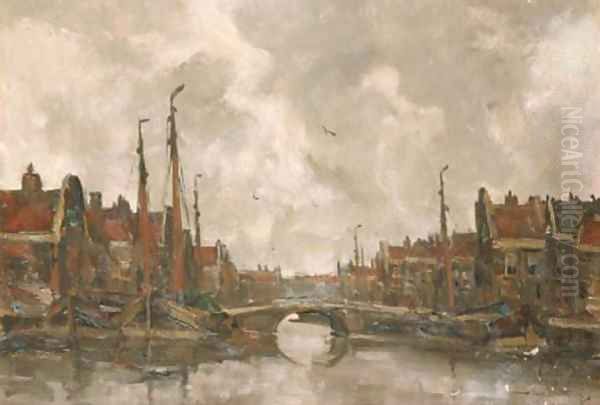 View of a Dutch harbour Oil Painting by Kees Van Waning