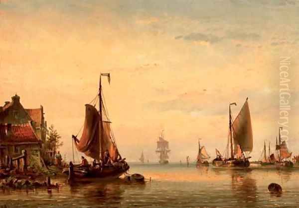 Shipping on a calm estuary Oil Painting by Nicolaas Martinus Wijdoogen