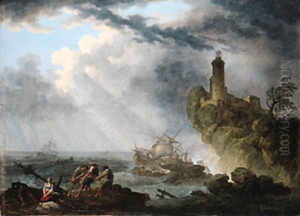 A shipwreck in stormy seas with survivors on a rocky outcrop, a lighthouse beyond Oil Painting by Pierre Joseph Wallaert