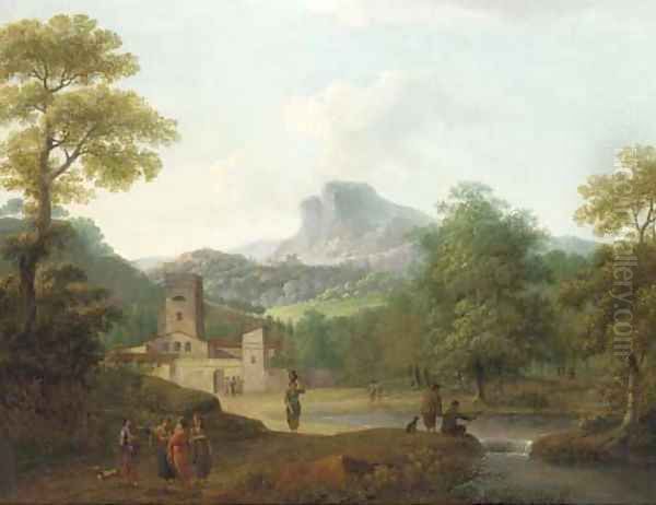 A classical river landscape with figures on a path, a town beyond Oil Painting by Pierre Joseph Wallaert