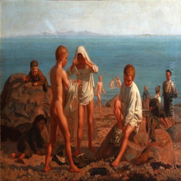 Bathing Boys Near The Sea Oil Painting by August Heinrich Schiott