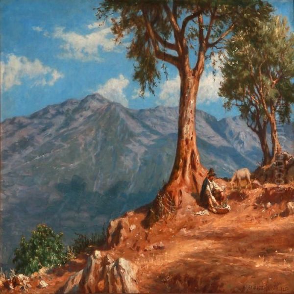 Mountain Landscape With A Shepherd Oil Painting by N. F. Schiottz-Jensen