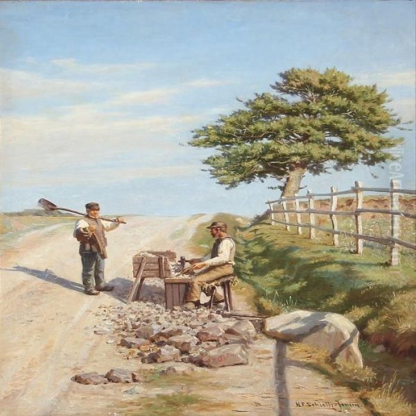 Road With A Stonemason And A Farmer Oil Painting by N. F. Schiottz-Jensen