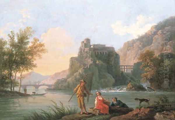 A river landscape with fishermen by the bank Oil Painting by Pierre Joseph Wallaert