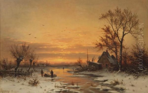 A Winter Sunset Oil Painting by Karl Schlesinger