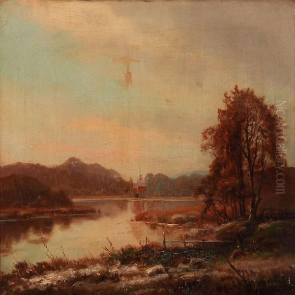 Autumn Landscape By A Lake Oil Painting by Alexander Schmidt