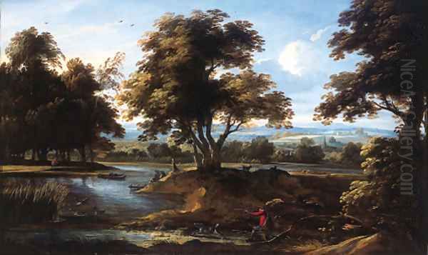 A sportsman shooting duck by a river, in summer Oil Painting by Jan Baptist Wans