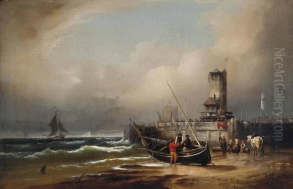 Unloading The Day's Catch, At Low Tide, Before A Continental Harbour Oil Painting by Eduard Schmidt