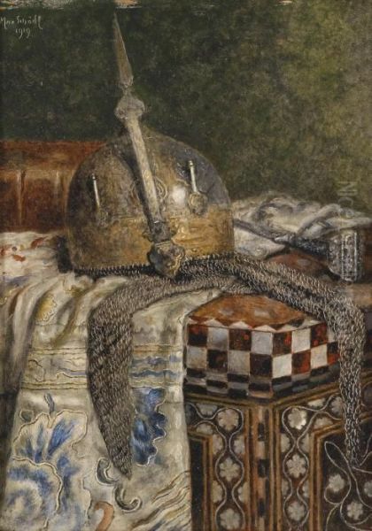 Still Life With Saracen Helmet And Other Oriental Objects Oil Painting by Max Schodl