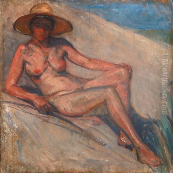 A Nude Woman Sunbathing Oil Painting by Carl Schou