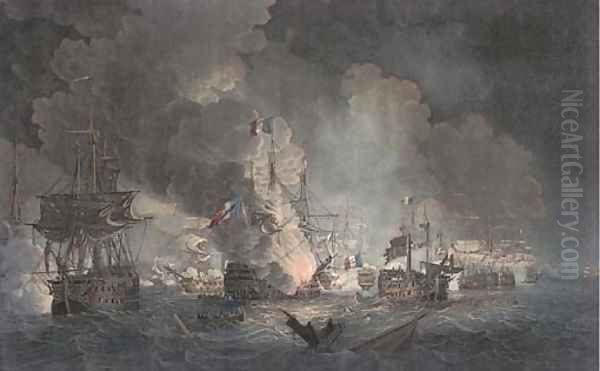 Battle of the Nile, representing the situation of the two Fleets, previous to the blowing up of the L'Orient on the night of August 1, 1798, by Hellye Oil Painting by Thomas Whitcombe