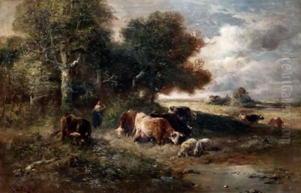 Herderin Met Koeien En Schapen Aan De Bosrand Oil Painting by Henry Schouten