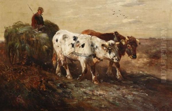 Heidegezicht Met Boer Op Hooiwagen Met Ossengespan Oil Painting by Henry Schouten