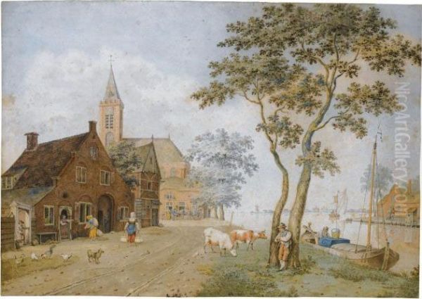 A Village By A Wide River Oil Painting by Hermanus Petrus Schouten