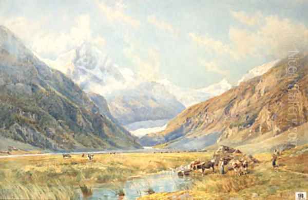 Figures and Cattle in an Alpine Meadow, Zinal Oil Painting by Charles Jones Way