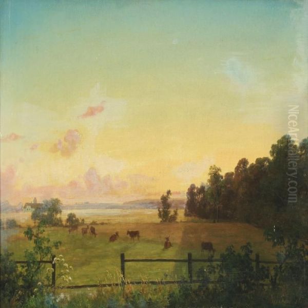 Summer Landscape With Cows In The Field Oil Painting by Axel Thorsen Schovelin