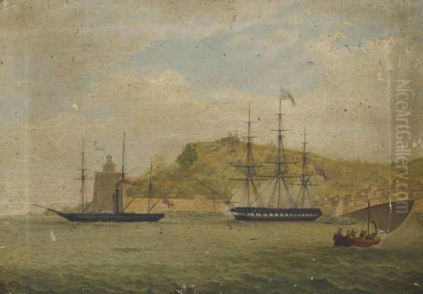 H.m.s. 
Salamander 
 Off La Torre De Hercules At The Entrance To The Harbour Of La Coruna Oil Painting by Josef Schranz