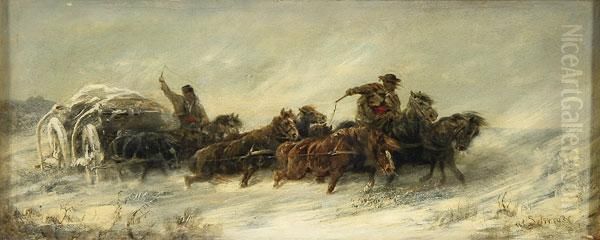 Winter Wagon Scene Oil Painting by Adolf Schreyer