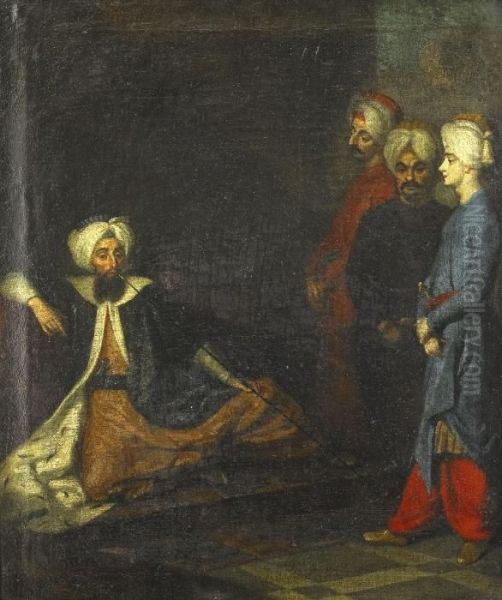 Turkiska Sandebudet Mustafa Aga Med Uppvaktning 1727 I Stockholm Oil Painting by Georg Engelhard Schroder