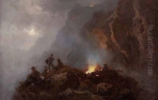 Jagerrast Im Abendlichen Hochgebirge Beim Lagerfeuer Oil Painting by Anton Schrodl