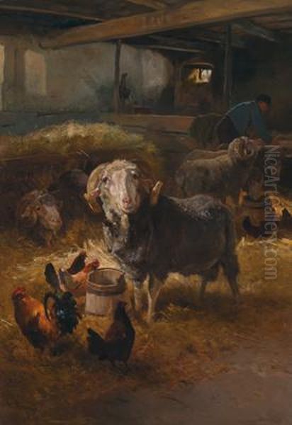 Sheep And Chickens In A Barn Oil Painting by Anton Schrodl