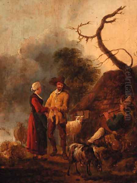 A couple dancing to a piper outside a cottage Oil Painting by Jan Baptist Wolfert